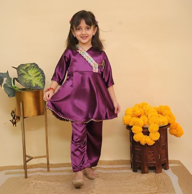 Silk Blend Angrakha Kurta Set with Lace Detailing