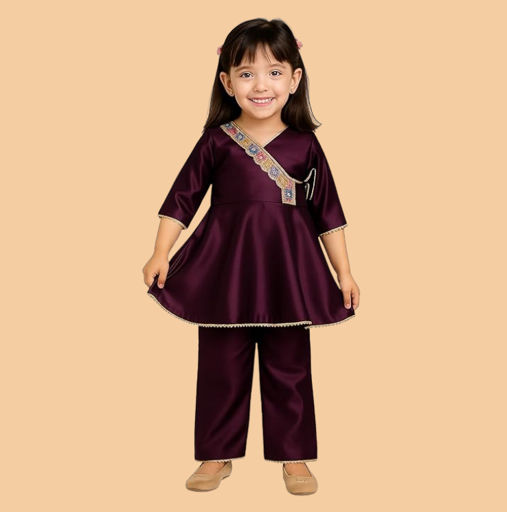 Silk Blend Angrakha Kurta Set with Lace Detailing