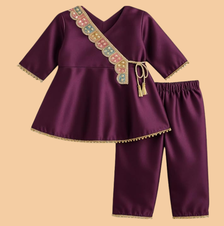 Silk Blend Angrakha Kurta Set with Lace Detailing