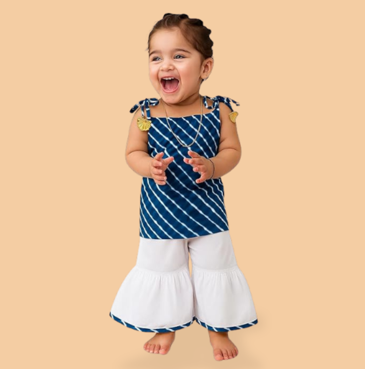 Sleeveless Leheriya Kurti and White Sharara Set