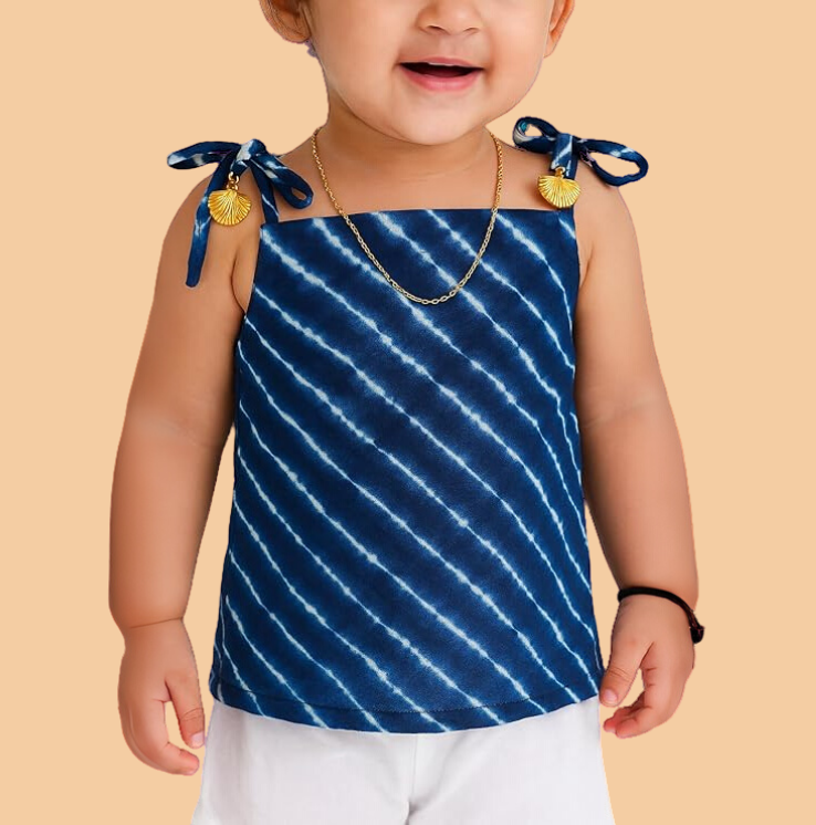 Sleeveless Leheriya Kurti and White Sharara Set