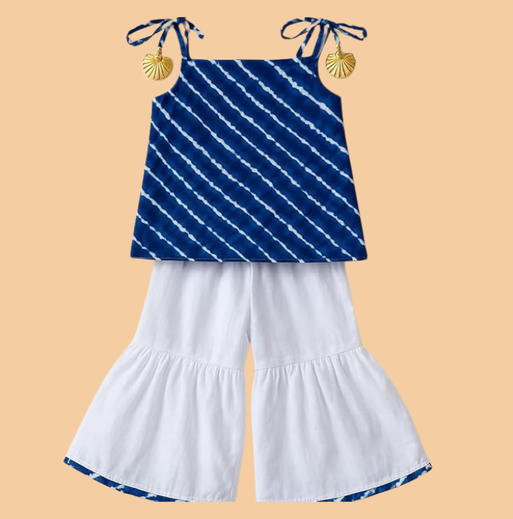 Sleeveless Leheriya Kurti and White Sharara Set