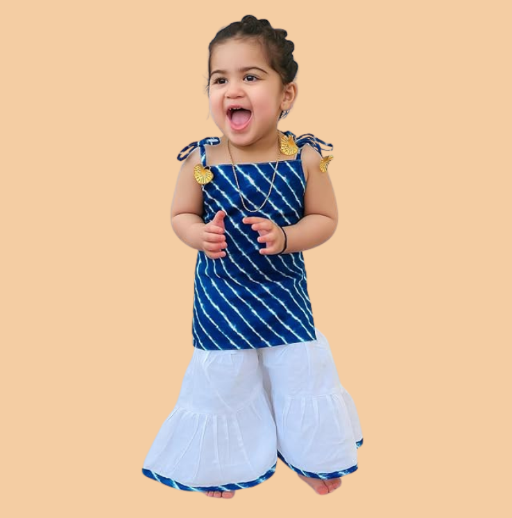 Sleeveless Leheriya Kurti and White Sharara Set