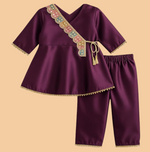 Silk Blend Angrakha Kurta Set with Lace Detailing