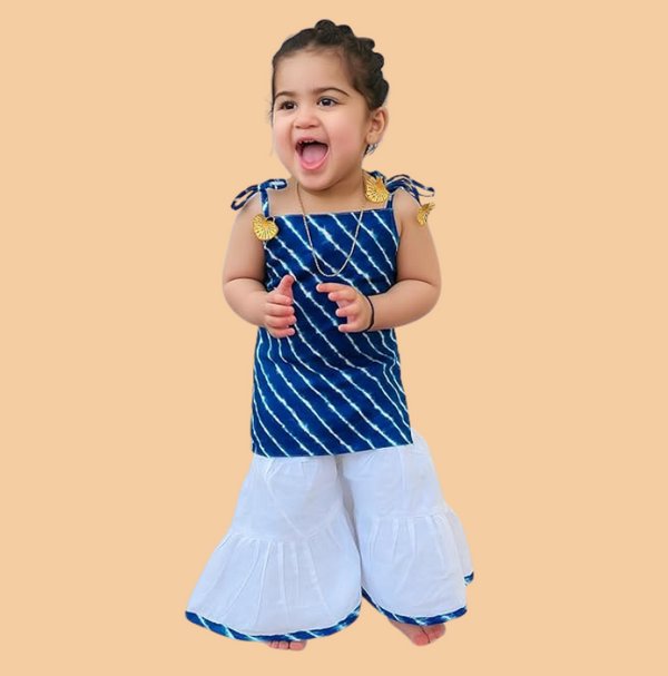 Sleeveless Leheriya Kurti and White Sharara Set